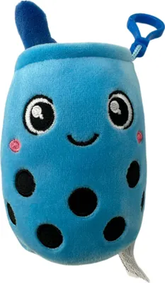 A blue plush toy shaped like a bubble tea cup with a smiling face and black polka dots.