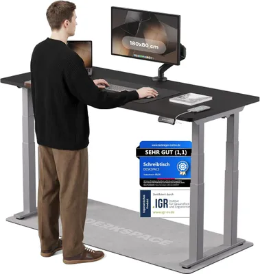Produktbild von DESKSPACE Höhenverstellbarer Schreibtisch elektrisch mit leisem Dual-Motor – stabiles 4-Bein-Gestell (Grau Gestell, Schwarz Tischplatte, 180×80 cm)
