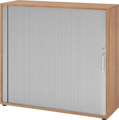 Produktbild von bümö Rollladenschrank office - 3 Ordnerhöhen - Griff: Relinggriff (Kunststoff), Nachbildung: Nussbaum/Silber
