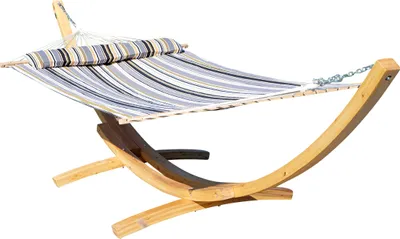 Produktbild von ALEOS. ASS 410cm XXL Hängemattengestell NATUR-FILLED EDITION GRAU Hängematte mit Gestell aus Holz Lärche mit Stabhängematte (GEPOLSTERT) inkl. Kopfkissen