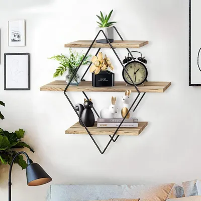 Image de Étagère murale flottante 50 × 50 cm – Étagère suspendue en bois à 3 tablettes, marron, étagère murale moderne pour le salon et la chambre à coucher