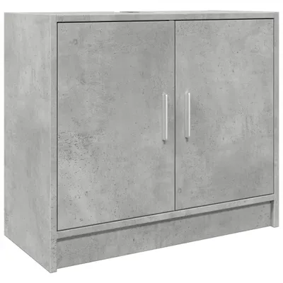 A concrete-effect cabinet with two doors and silver handles.