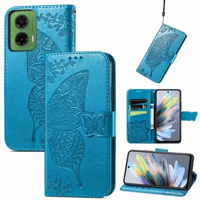 Produktbild von Für Motorola Moto G35 Kunstleder Wallet Handy Tasche Schmetterling Design Hülle Etuis Blau