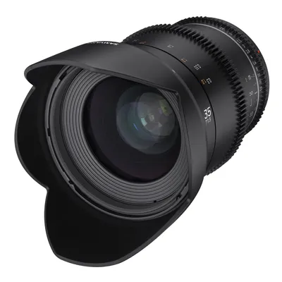 A professional camera lens with a lens hood attached, photographed against a white background.