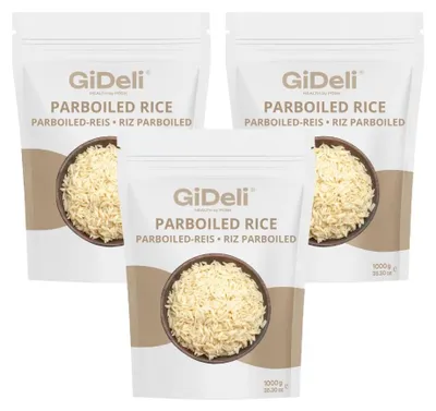 Obrázok produktu pre Parboiled ryža, 3 kg, dlnozrnná, kvalitná, bohatá na živiny, obsahuje vitamíny skupiny B, vegánska, prírodná, značka GiDeli