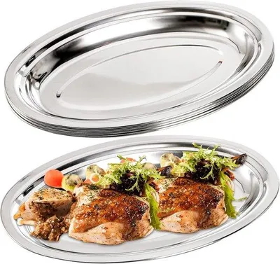 Image de Plat ovale en acier inoxydable 6 pièces, grand plat de service pour le poisson, les desserts et la viande, 35,5 x 22,6 cm, argenté
