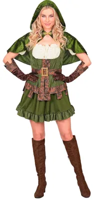 Produktbild von Robin Hood Kostüm Damen Grün Waldläuferin Bogenschützin Mittelalter mit Umhang