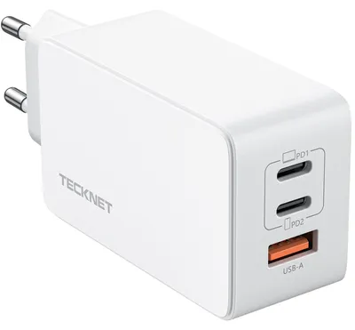 Produktbild von TECKNET USB C Ladegerät 65W 3-Port PPS Schnellladegerät, USB C Netzteil kompatibel mit MacBook Pro/Air, iPad Air, iPhone 16/16 Pro Max/15, Galaxy S24 Ultra, Pixel (Weiß)
