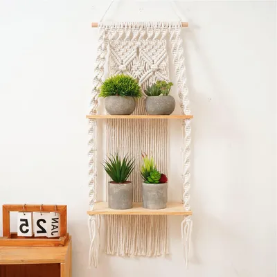 Produktbild von Makramee-Regal, Boho-Regal, handgewebtes Wandregal, zweistöckig, Boho-Wandregal für Wohnzimmer, Schlafzimmer, Balkon, Flur
