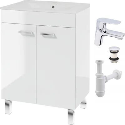 Image de Armoire de salle de bain blanche 60x45 lavabo sur pied Gloss MDF Shelf Faucet Sig