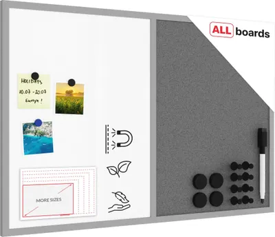 A combination whiteboard and cork board with accessories.