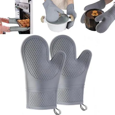 Imagen del producto de Unyqoos® - Juego de 2 guantes de horno: silicona y algodón, guantes de cocina y parrilla aislantes al calor y antideslizantes, 27,5 x 19 cm, color gris