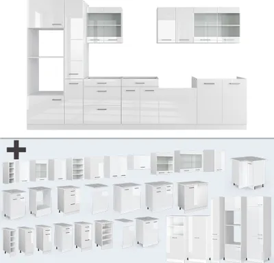Produktbild von Küchenzeile Vicco R-Line Weiß Hochglanz/Weiß 350 cm mit Hochschrank, ohne Arbeitsplatte, Model 37650