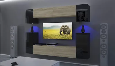 Obrázek produktu pro Furnitech Obývací stěna - Nábytek do obývacího pokoje s LED RGB - 16 barev - Moderní závěsná skříňka - Police a TV skříňka (AN43-17SB-HGM41 1B)