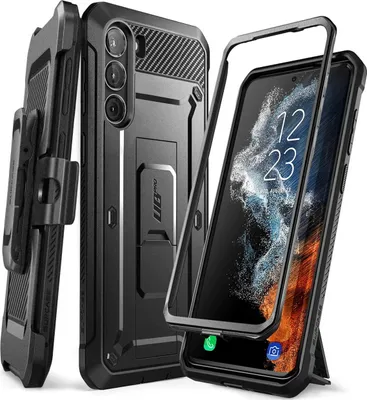 A black phone case with a built-in kickstand and a belt clip is shown next to a smartphone.