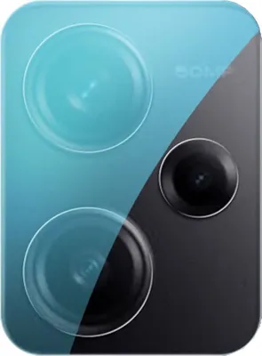 Close-up of a smartphone camera module with two large lenses and one smaller lens.
