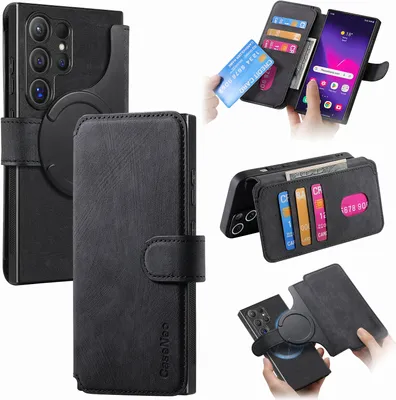 Collage of images showing a black phone case with card slots and a kickstand, demonstrating its features and use.