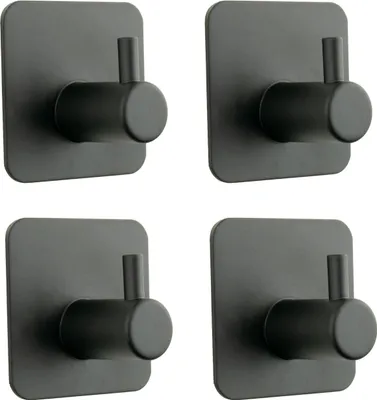 Immagine prodotto di Elegante gancio da bagno in metallo nero - autoadesivo, set di 4, versatile per asciugamani e accessori dal design moderno.