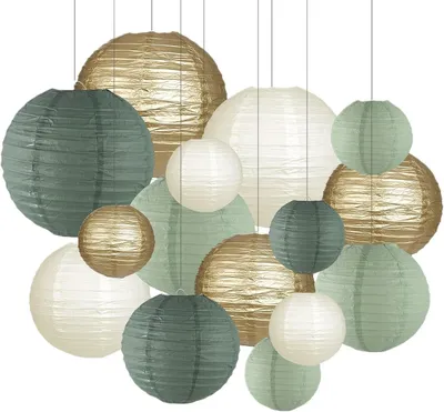 Imagen del producto de Conjunto de farolillos de papel, 12 unidades, en color gris salmón y dorado, de diferentes tamaños, para decoración