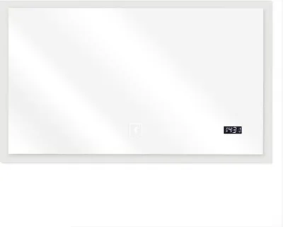 A rectangular mirror with a white frame, displayed against a white background. A digital clock is visible on the right side of the mirror.