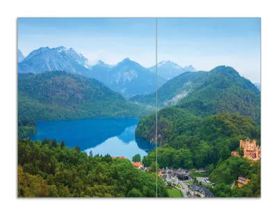 Produktbild von Wallario Herdabdeckplatte aus Glas, Größe 70 x 52 cm 2-teilig, Motiv Schloss Hohenschwangau neben dem Alpsee