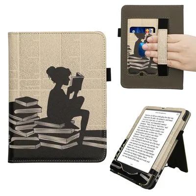 Obrázek produktu pro kwmobile Flip Cover kompatibilní s Amazon Kindle Paperwhite (2024)/Colorsoft - Obal s poutkem na zápěstí Čtenářka Black Beige