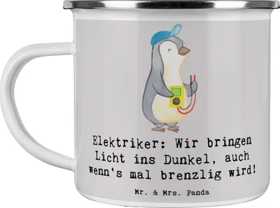 Produktbild von Mr. & Mrs. Panda Pott Elektriker Lichtbringer - Grau Pastell - Geschenk, Wertschätzung, Anerkennung, Emaille Tasse, Geschenke, metallbecher, für Berufstätige, Beruf