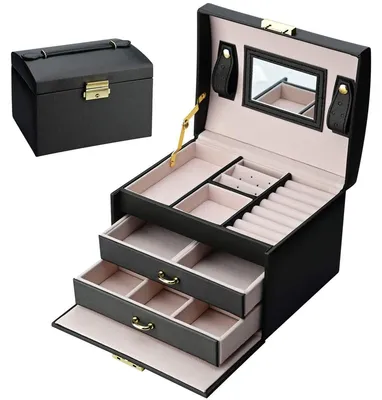 Produktbild von Schmuckkasten Schmuckkoffer Schmuckbox - Abschließbar - 3 Ebenen - Schwarz - 2 Schubladen