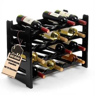 Produktbild von BigDean Flaschenregal stapelbar für 24 Flaschen Weinregal aus Kunststoff Schwarz Getränkeregal Flaschen Regalsystem für Glas- & PET bis 1,5 Liter