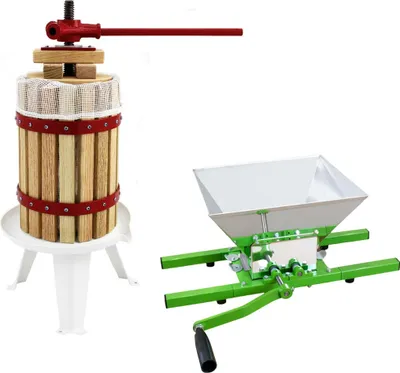 Immagine prodotto di Set KuKoo per la produzione di succhi di frutta, composto da una macinatrice per frutta da 7 litri e una pressa per frutta da 6 litri, realizzato in acciaio inossidabile, legno di quercia e acciaio