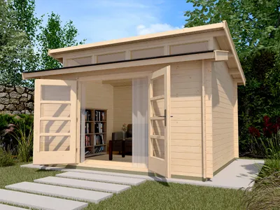 Produktbild von WEKA 158.3830.00.00 Premium Gartenhaus/Blockbohlenhaus Avantgarde mit 4 Oberlichtern /Doppeltür ; Größe: 2 ; Farbgebung: Naturbelassen ; Wandstärke: 28 mm ; Maße (LxBxH): 330 cm x 380 cm x 281 cm ; Seitenwandhöhe: 215 cm