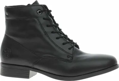 A black leather lace-up ankle boot is shown from the side against a white background.