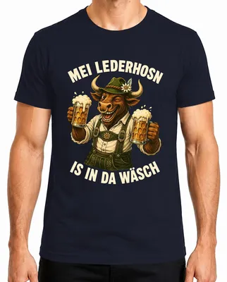 Zdjęcie produktu dla Mei Lederhosn - Koszulka męska w stylu tradycyjnym, z motywem byka, wykonana z materiału przypominającego skórę, kolor granatowy, rozmiar 3XL