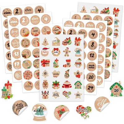Productafbeelding van Zelfklevende cijferstickers voor adventskalender, getallen 1-24, bruin kraftpapier