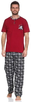 Produktbild von Herren Pyjama Baumwolle Schlafhose und Shirt kurz-arm Schlafanzug; Rot M