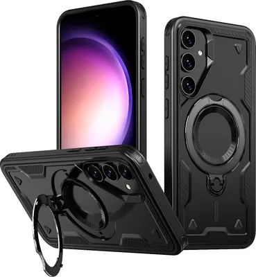 Produktbild von Dual Layer Hülle für Samsung Galaxy S23 FE Metall Ring Ständer Magnetisch Stoßfest Militär Handyhülle Schwarz