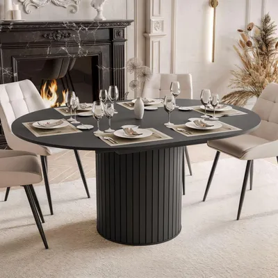 Produktbild von Esstisch Rund Ausziehbar LINNEA Ø 120-160 cm – Säule in Lamellen-Optik – Schwarz Matt