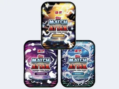 Three collectible card game tins arranged in a staggered formation against a light gray background.