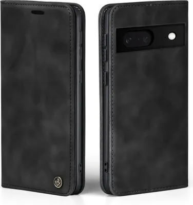 Two views of a black flip phone case.