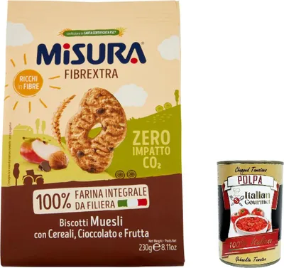 Produktbild von 12x Misura Kekse Integrali Fibrextra Muesli Vollkebekekuiten biscuits mit Müsli, Schokoladen- und Obsttropfen, 100% Vollkornmehl, reich an Ballaststoffen, 230g