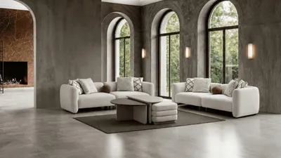 Image de Ensemble de salon beige comprenant : canapé modulaire 3 places, table basse, et pouf. Style moderne