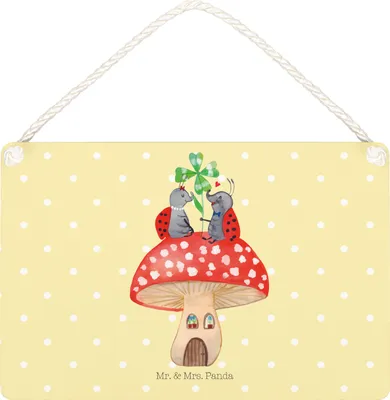 Produktbild von Mr. & Mrs. Panda holzbild Marienkäfer Fliegenpilz DIN A5 - Gelb Pastell - Geschenk, Schild, Wandbild Holz, wandtafel, Fleigenpilzhaus, Lustige Sprüche, Wohnung, Haus