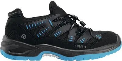 A side view of a black and blue safety shoe.