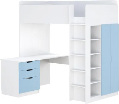 Image de Shefa Kids Lit superposé pour enfants avec armoire, bureau et étagère - 90 x 200 cm de surface de couchage - Lit superposé peu encombrant avec échelle - Bleu