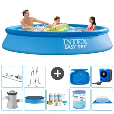 Produktbild von Intex runder aufblasbarer Easy Set-Schwimmpool – 305 x 61 cm – Blau – inklusive Pumpe Abdeckung - Wartungspaket - Filter - Bodenplane - Staubsauger - Leiter