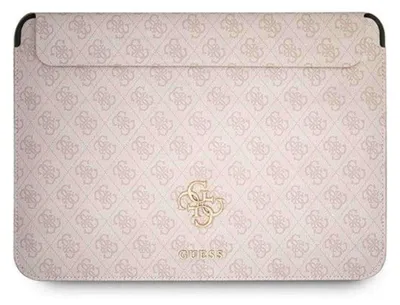 A pink laptop sleeve with a repeating Guess logo pattern and a gold Guess logo in the center.