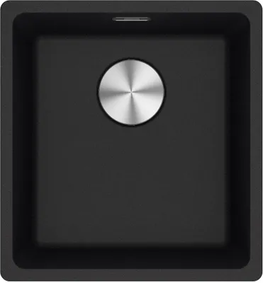 A top-down view of a black kitchen sink with a silver drain.