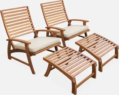 Two wooden garden chairs with beige cushions and two matching footrests, presented against a white background.