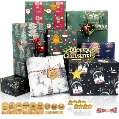 Productafbeelding van Cadeaupapier kerst, 8 vellen, gerecycled papier, groen en marineblauw, set met stickers en bedeltjes, afmetingen 70x50 cm