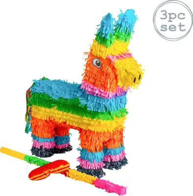 Produktbild von Fax Potato Esel Pinata Set mit Stick & Blindfold | 40 x 13 x 55 cm - Grün, Rot, Gelb